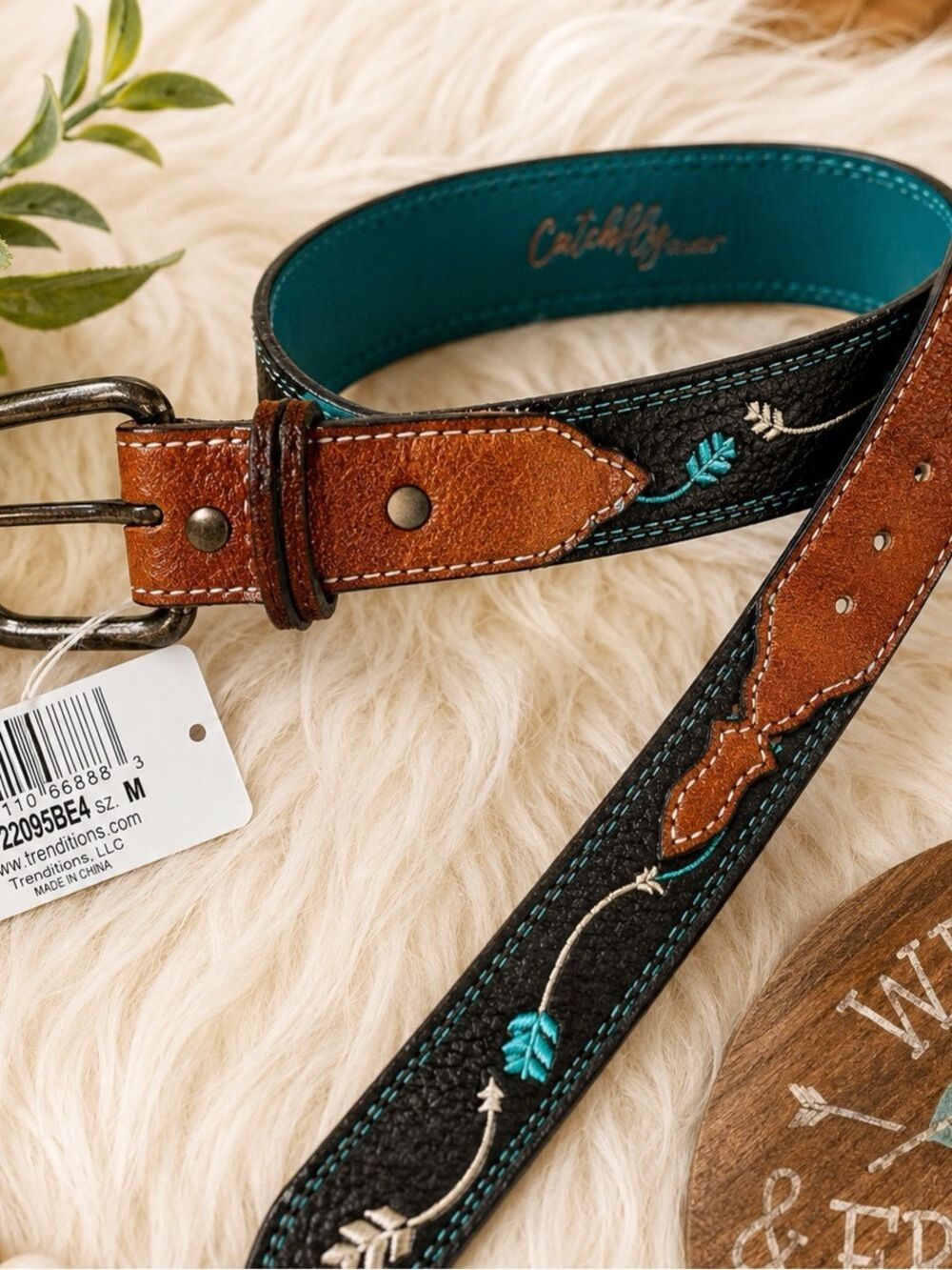 Catchfly Western Arrow Embroidered Belt Turquoise Black Brown Size M